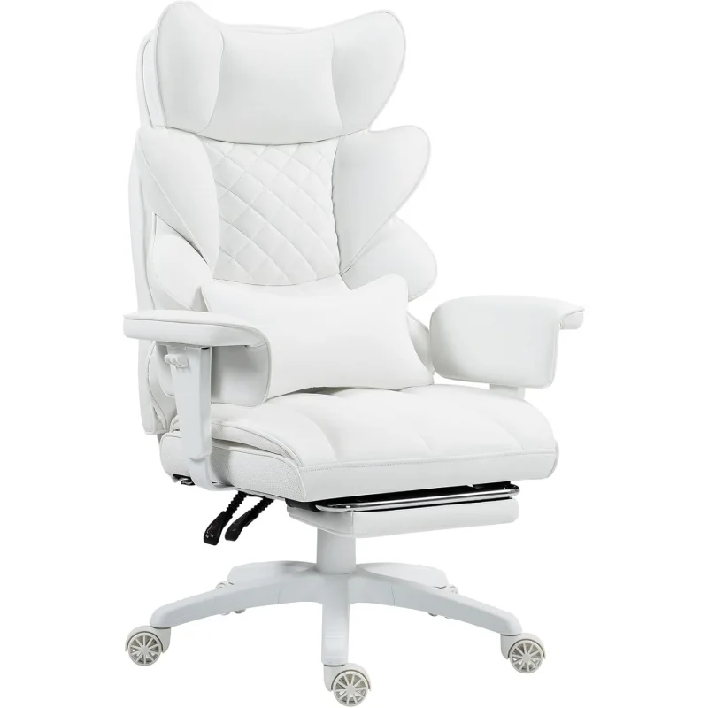 Silla para juegos de computadora con respaldo alto y reposabrazos ajustables, silla de escritorio ejecutiva con reposapiés, (cuero PU, blanco)