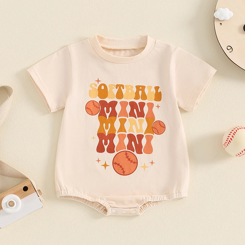 

2024-04-29 Lioraitiin Summer Baby Boys Girls Baseball Letter Print Romper Adorable Short Sleeve Round Neck Elastic Band Jumpsuit