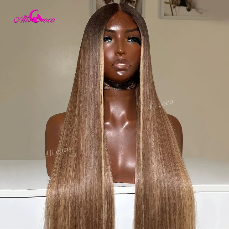 

13X6 Highlights Light Brown Blonde Brazilian Remy 180 Density Transparent Lace Front Closure Straight Pre Plucked Human Hair Wig