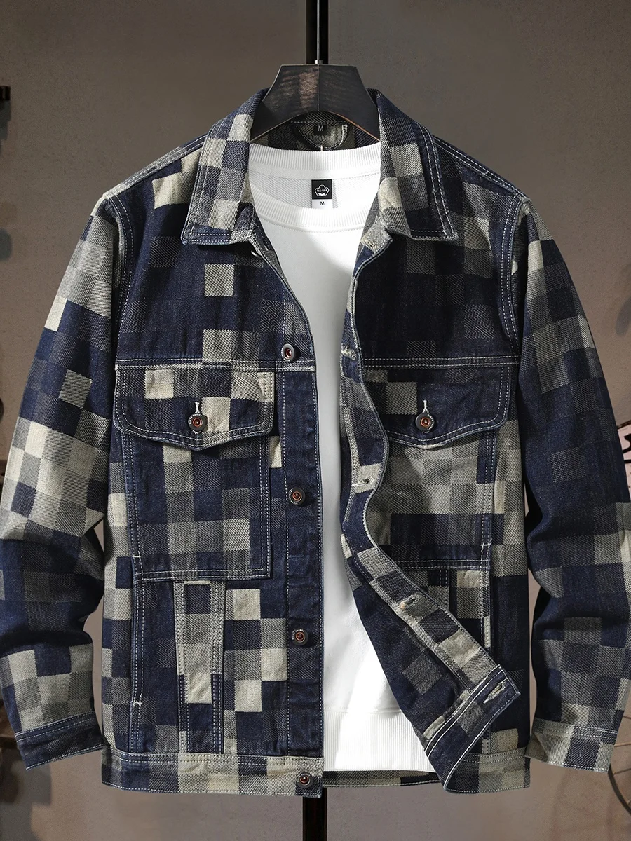 

Мужская джинсовая куртка премиум-класса с вышивкой и клетчатым узором в американском уличном стиле, легкая, роскошная, повседневная, рабочая куртка