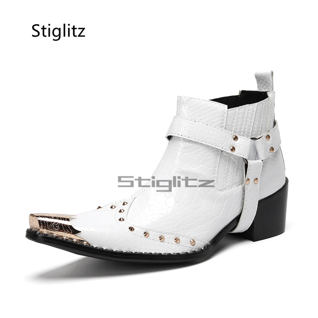 Men's White High Heels Chelsea Boots Metal Pointed Toe Rivet Genuine Leather Ankle Boots Autumn Winter Business Party Shoes