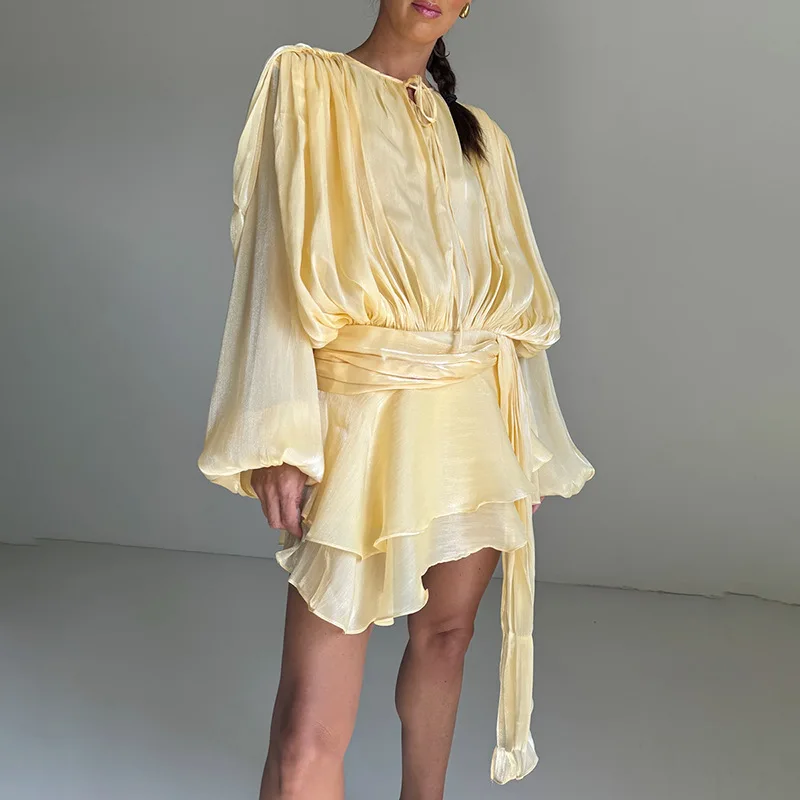 

2025 Dress Women Female Clothing Palace Retro New Style Summer Round Neck Lace High Waist Solid Color Ultra Short Dress Women