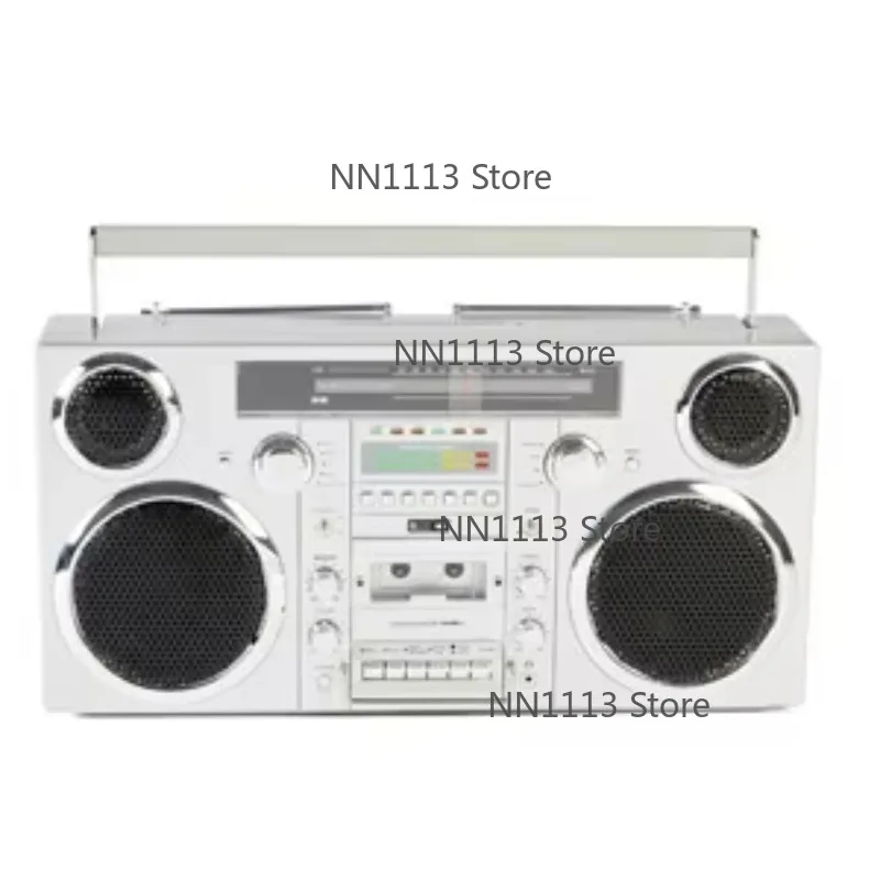 1980s Style Portable Boombox Silver with CD Player Cassette Player FM Radio USB Wireless Bluetooth Speaker