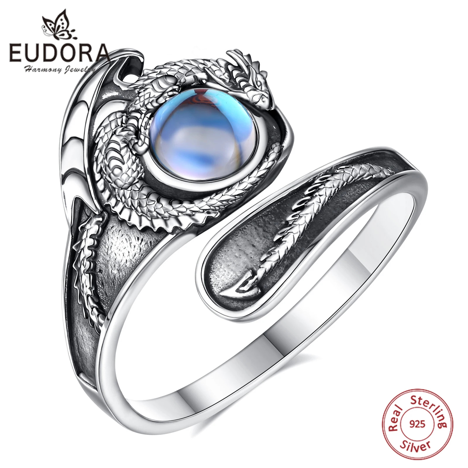 

Eudora 925 Sterling Silver Dragon Adjustable Ring Moonstone Hypoallergenic Ring Vintage Jewelry Spiritual Gift for Men Women