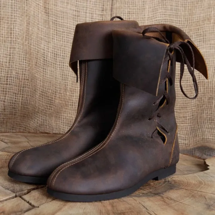 Men's Brown Distressed Leather Mid-Calf Boots Fold-Over Cuff with Side Lace-Up for Renaissance Fairs Cosplay & Vintage Pirate