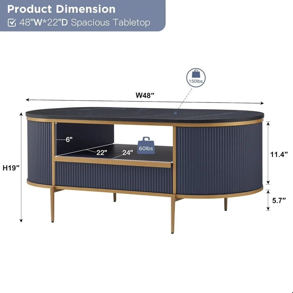 Table basse cannelée de luxe moderne, table basse naravec MEL, plateau en faux marbre, design à profil incurvé, décor en métal doré, 48 po