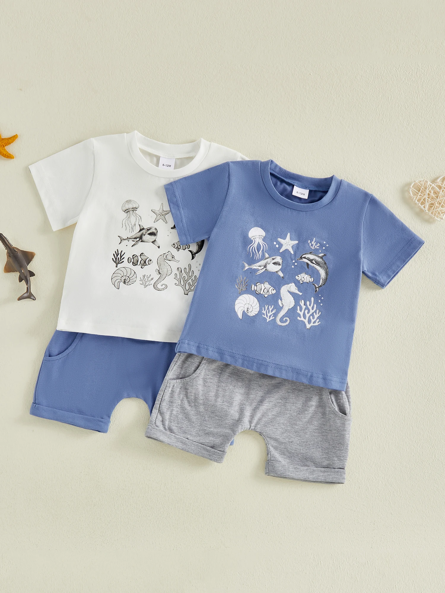 

Boys Summer Outfit Set with Short Sleeve Sea Creature Print Top and Solid Color Shorts for a Cool Look