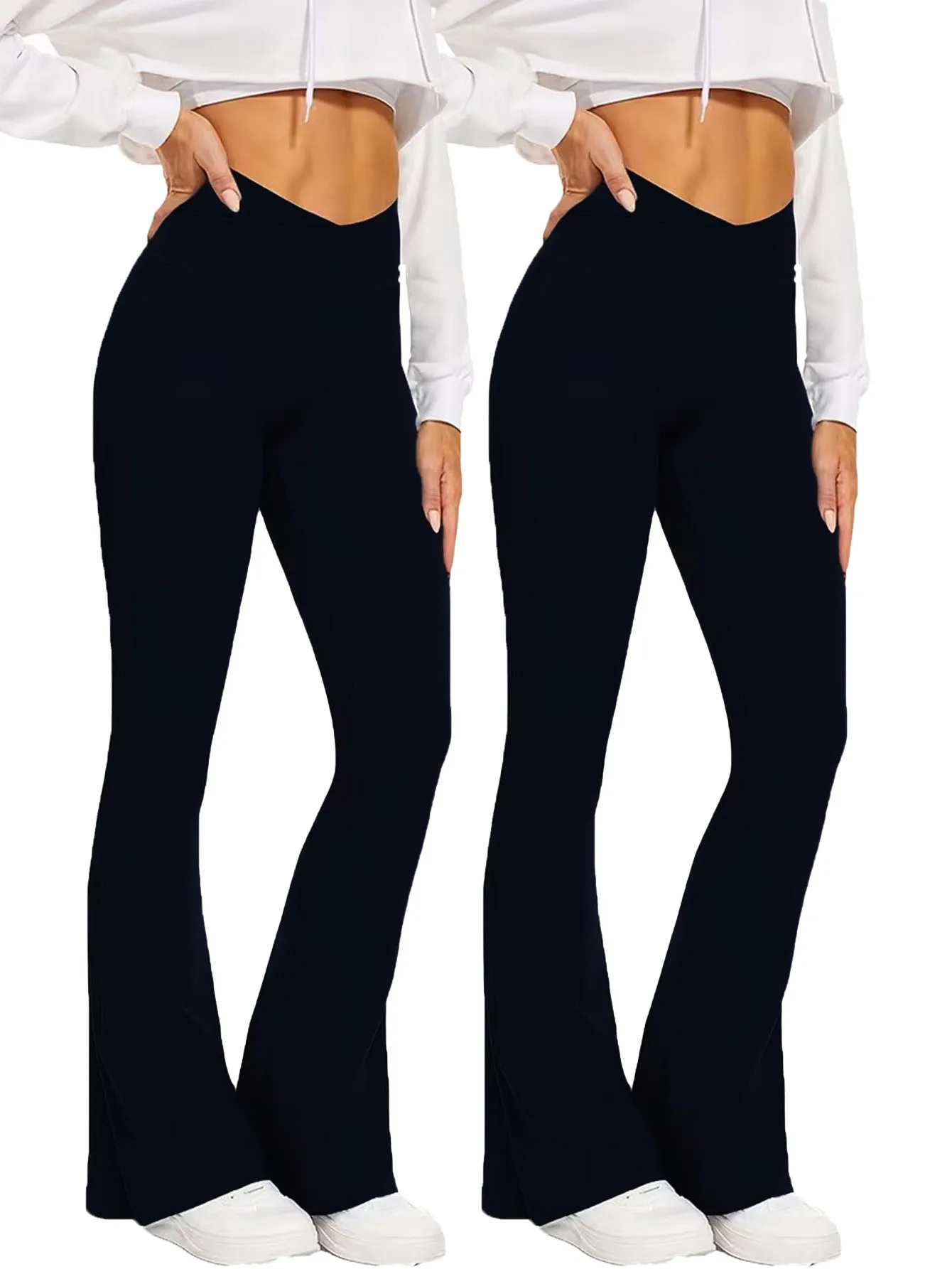 

Комплект из 2-х женских расклешенных брюк с перекрестной талией, высокой посадкой, эффектом утяжки живота, для тренировок, йоги, фитнеса, длинные леггинсы, расклешенные брюки-клеш, повседневные