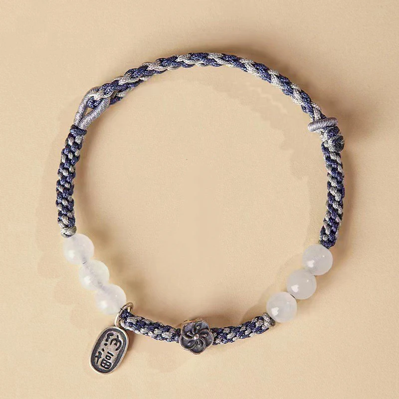 HESHI Noble Blue Rope Blessing Sign White Beads Handmade Weaving Adjustable Bracelet for Men Women