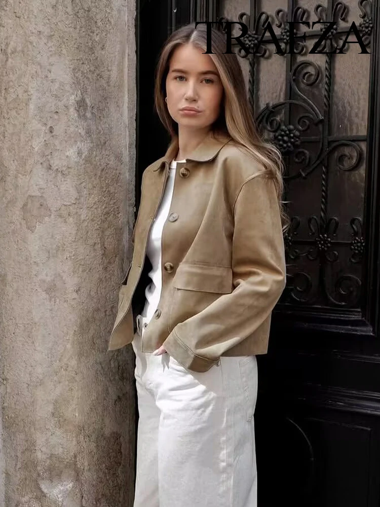 

TRAFZA Women 2025 Autumn New Fashion Vintage Pockets Suede Coats Female Lapel Single Breasted 2-Color High Street Casual Jacket