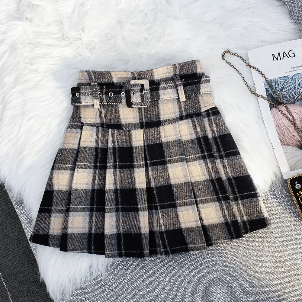 Pretty Style Spring Autumn Women Plaid Mini Tweed Skirt High Waist Schoolgirl Sweet Kawaii A-Line Short Thick Pleated Skirts