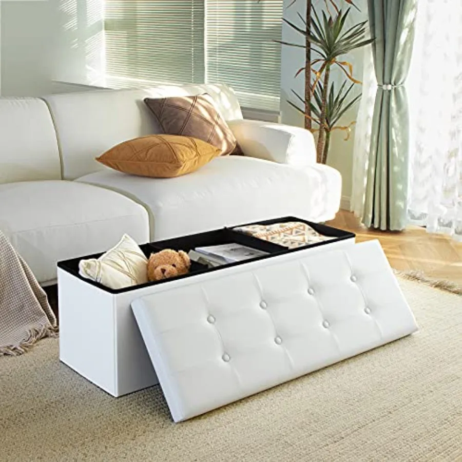 

43 Inch Folding Storage Ottoman Bench 120L Hold up 700lbs Ottoman with Storage Chest Foam Seat Padded Feet Rest Stool Faux Leat