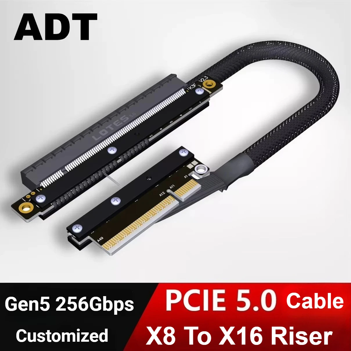 PCIe 5.0 X8 To X16 Graphics Card Extension Cable GPU 256Gbs For Chassis Server NVIDIA RTX50 AMD RX90xx Dual Reverse Side Bending
