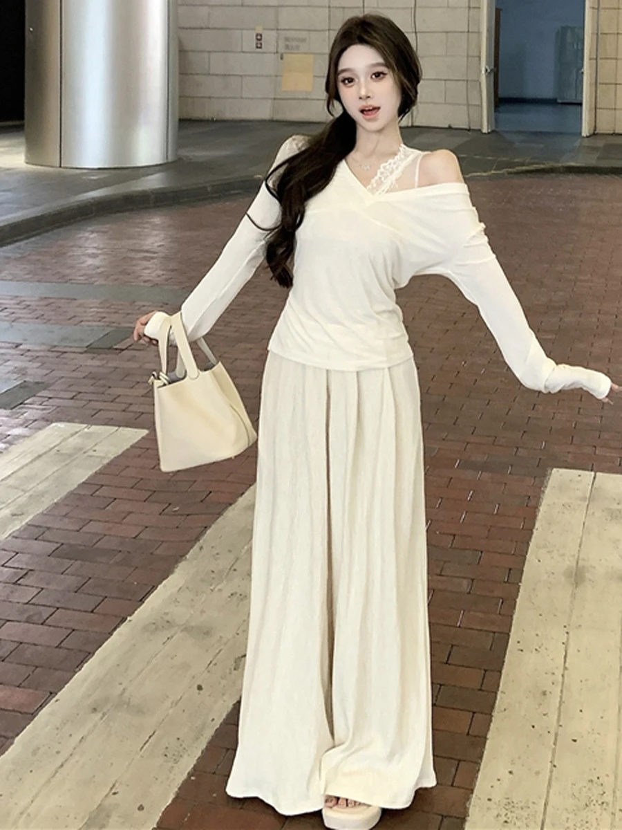 Korean Style Pure Desire Sweet Lace V-Neck Strap Long Sleeve Waist-Cinched T-Shirt High Waist Wide Leg Pants Elegant Three-Pi...