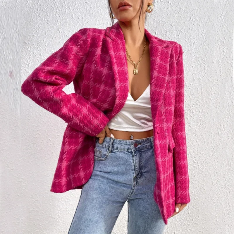 

Women's Fashion Autumn Winter Cross-Border Style Business Casual Polyester Elegant Plaid Outerwear Cardigan Long Sleeve