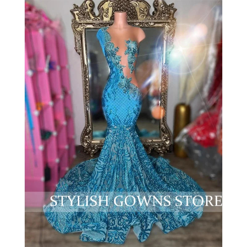 

Blue Sequined Mermaid Evening Dresses Beading Diamonds Wedding Reception Gown Birthday Dress Vestidos De Noche Customized