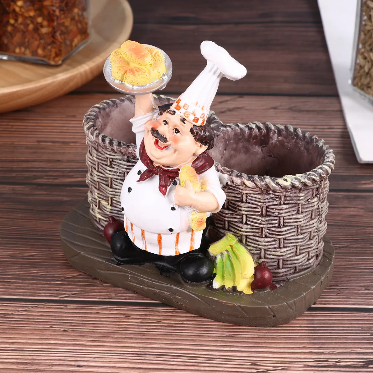 1Pcs Resin Bread Chef Ornament European Style Desktop Decor Kitchen Toothpick Holder Cruet Style Funny Cartoon Chef Statue
