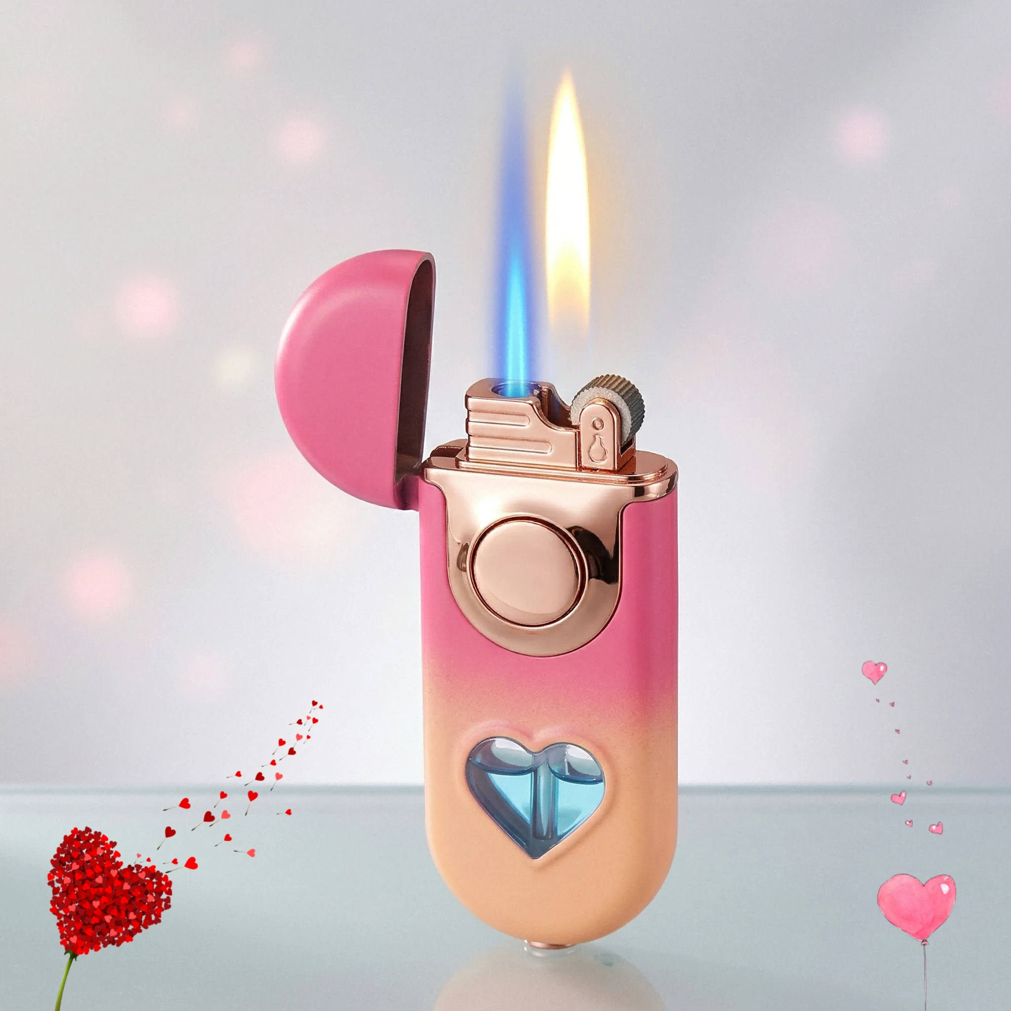 

Romantic Heart Dual Flame Switchable Lighter Directly facing open flame, dual-flame、recyclable inflatable、Perfect Gift for Her