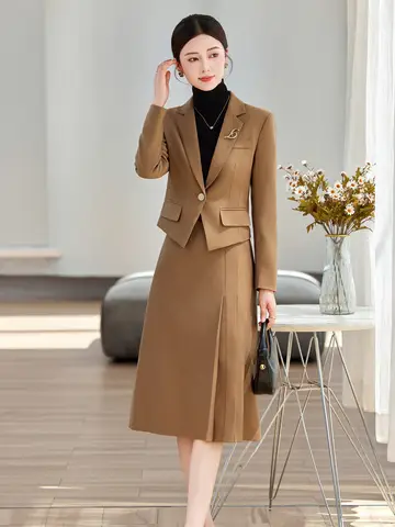 Elegante Damen Herbst Blazer Set mit Rock Frauen 2 Stück Outfit 2024 Mode Langarm Jacke Anzug Büro Dame Kleid Set