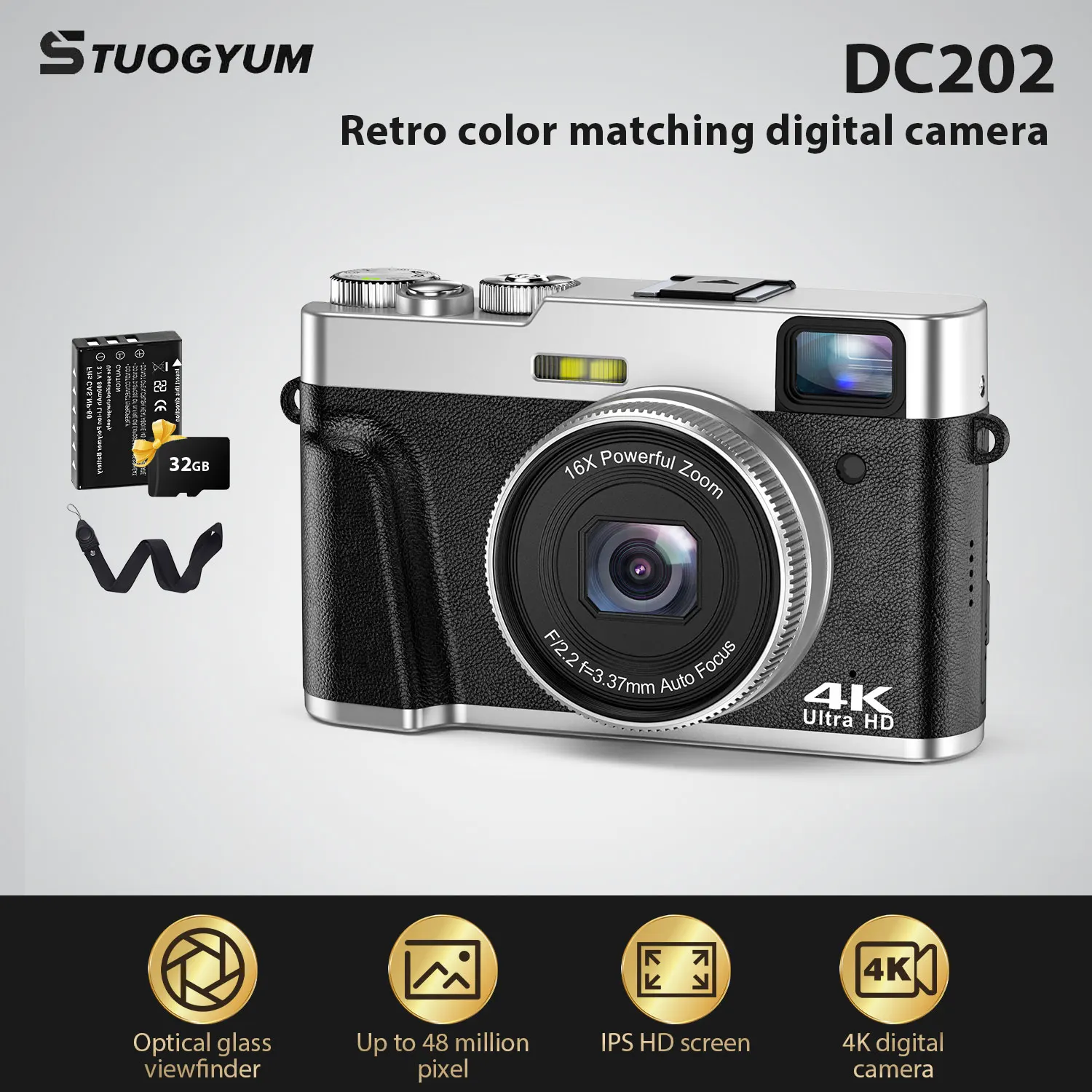 كاميرا STUOGYUM 4K الرقمية كاميرا سفر فائقة الدقة مع التركيز التلقائي وتسجيل الدخول 16X كاميرا تكبير رقمية للتصوير الفوتوغرافي #1