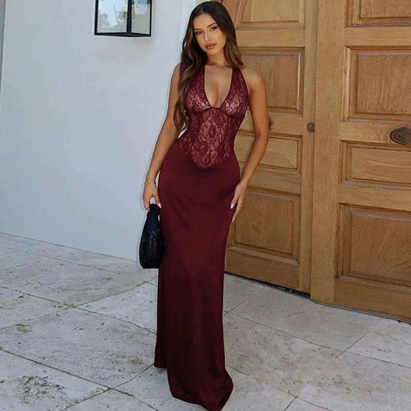 

Tornova Lace Splice Halter Sexy Long Dress For Women Hollow Backless Plunge Slim Dress Fashion 2026 Summer Lady Vacation Dress