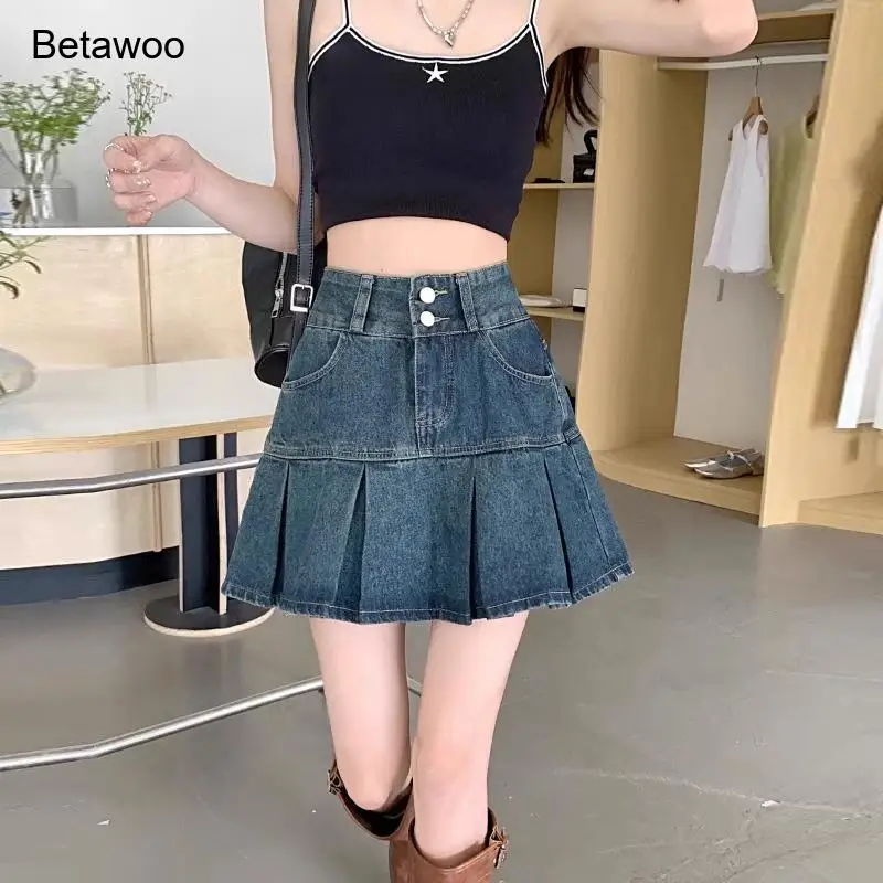 

Women High Waist Denim Pleated Mini Skirt A Line Flare Hem Casual School Uniform Skirt with Pockets