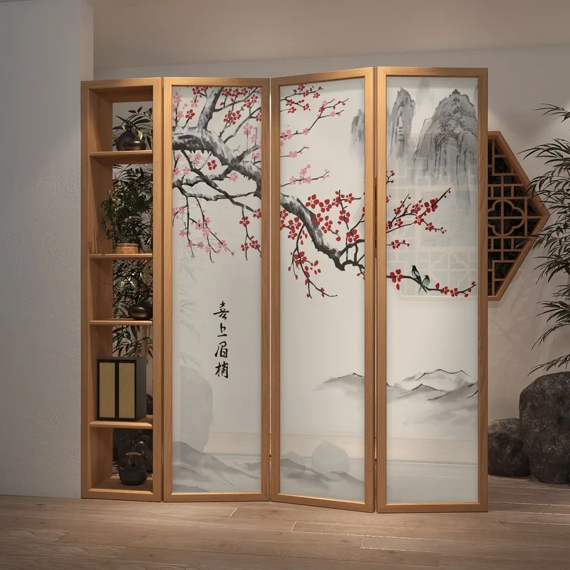 Medieval flower and bird landscape folding screen household combination locker screen integrated movable partition tea room stud