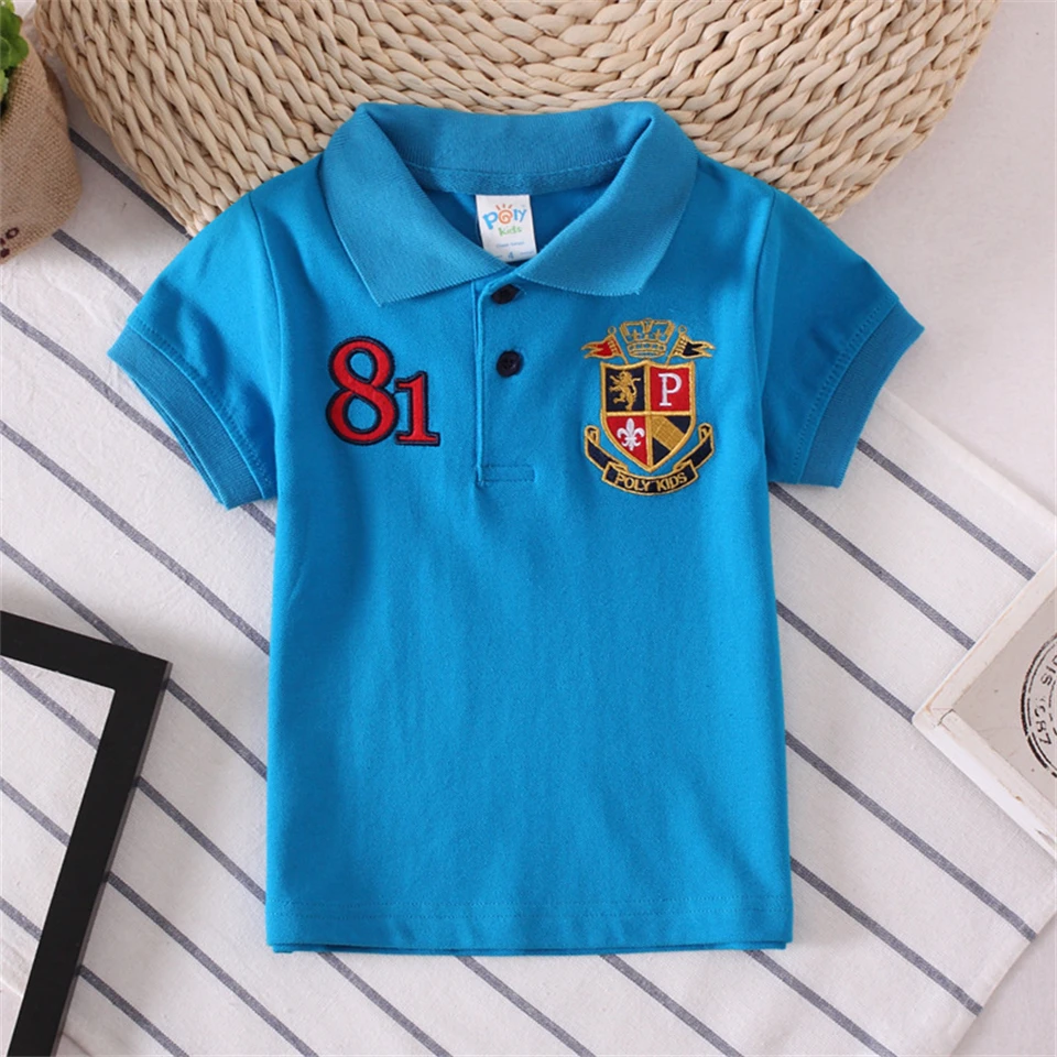 Boys and Girls\' No. 81 Algodão camiseta esportiva, sólido Jersey roupas, decoração de bordados, gola virada para baixo, verão Top Tee