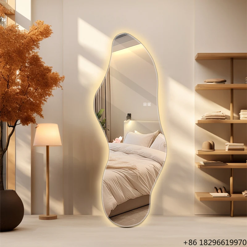 

Зеркало с LED-подсветкой, безрамное, настенное, в полный рост, с нерегулярной волнообразной подсветкой, для ванной комнаты в отеле или для макияжа.