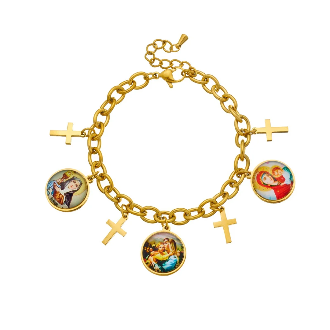 Religious Virgin Mary Cross Charm Bracelet Gold Color Stainless Steel Hand Chain Link Bracelets for Woman Men Christian Jewelry
