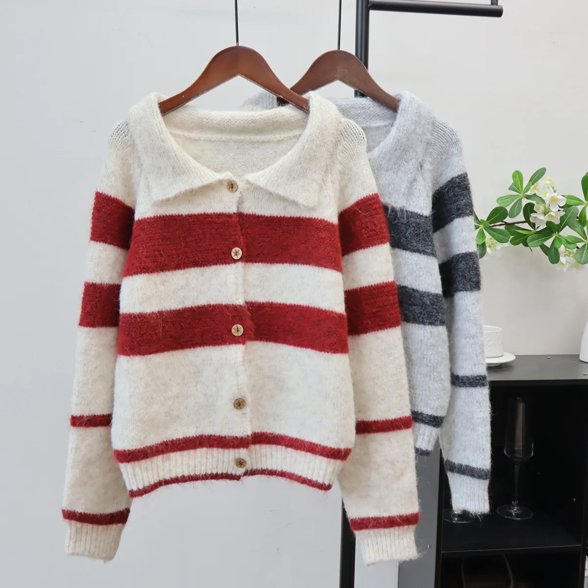 

Women Knitted Cardigan Jumpers Casual Stripes Sweaters Color block Turn Down Collar Long Sleeves Loose Open Stitch 2025 Autumn