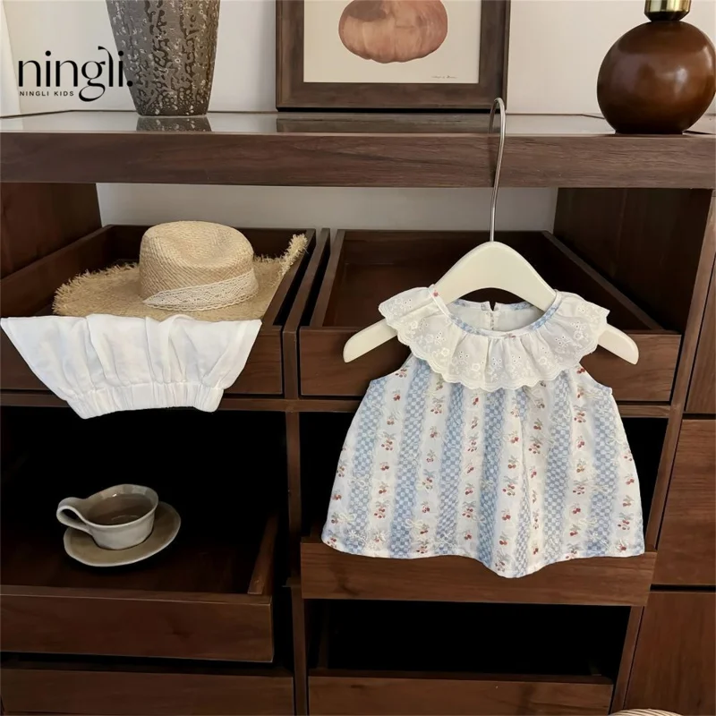 

Original！Korean Baby Girl Cherry Embroidery Doll Shirt Shorts Sweet Stylish Outfit Trend