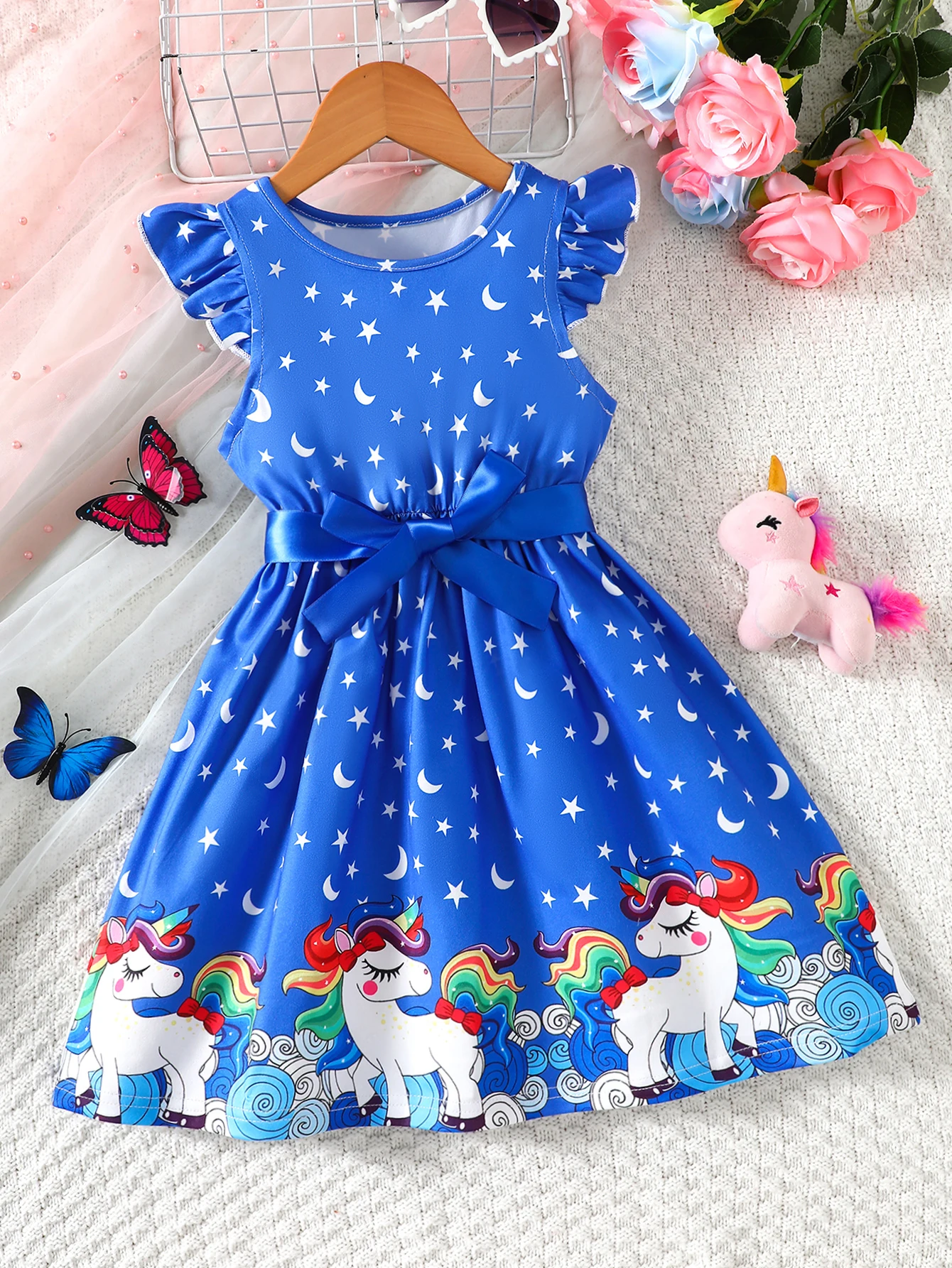 Girls Casual Fashion Knitted Round Neck Flying Sleeve Ruffle Butterfly Digital Print Unicorn Rainbow Positioning Digital Print Dress with Ribbon Beach Vacation Holiday Party Dress