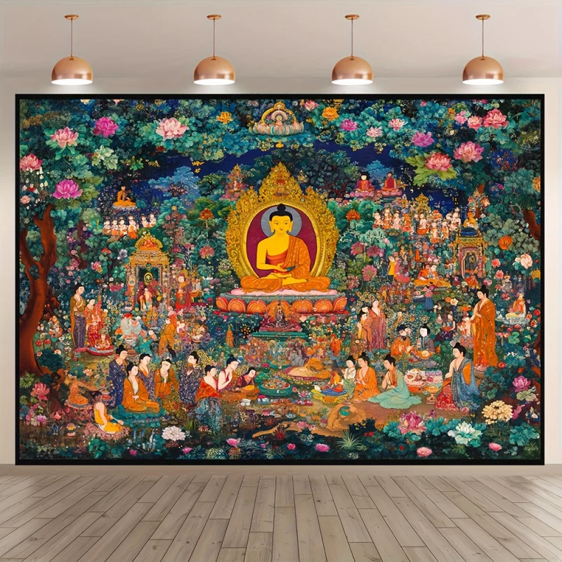 Pure Land Tapestry Tibetan Thangka Style Buddha Art Wall Hanging Living Room Study Chinese Decor Yoga Studio Calm