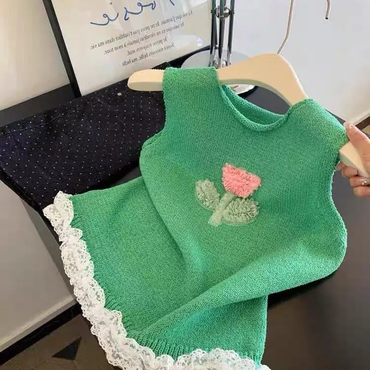 

Green Vest Retro 3D Three-dimensional Flowers Knitted Vest Women's Summer Outer Wear Design Sense Dopamine Sleeveless Top