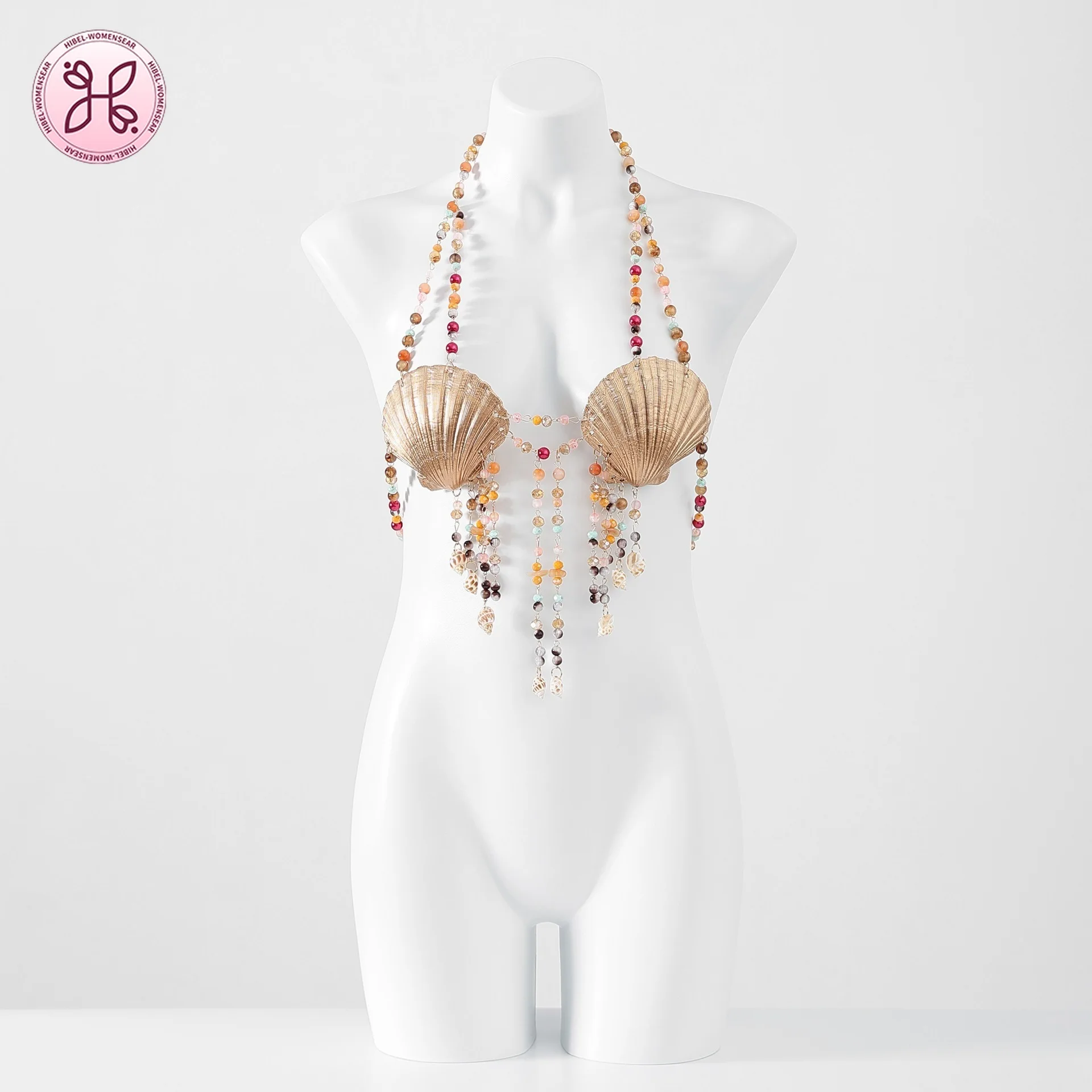 

Женский топ-бюстье с жемчужной цепочкой и бахромой в стиле Beach Shell Bikini, с эффектным дизайном, для сценических выступлений