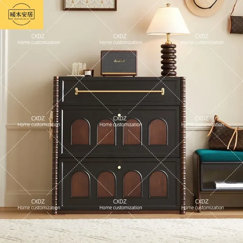 Medieval Solid Wood Shoe Cabinet Retro Home Storage Integrated Rotating Shoe Rack Against The Wall For Entryway Organization