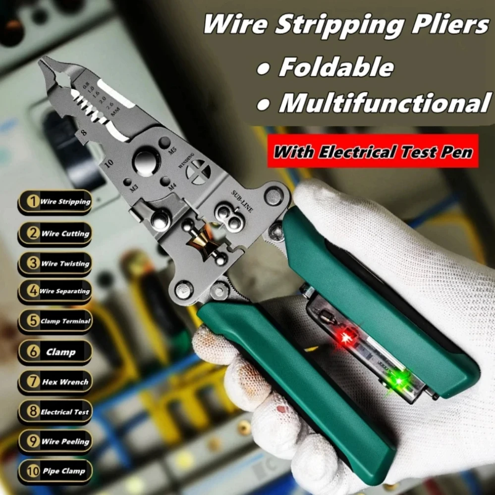 

Multifunctional Wire Stripper with Electrical Test Pen Foldable Cable Cutter Crimper Tool, Electrical Folding Pliers for Cuttin