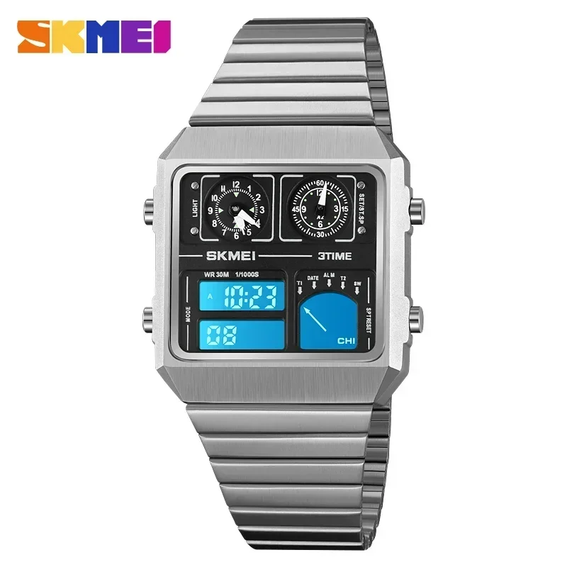 SKMEI 2198 Luxury Waterproof Sports Week Date Mens Wristwatches Alarm Stainless Steel Digital Watch Men 2033 Relógio Masculino