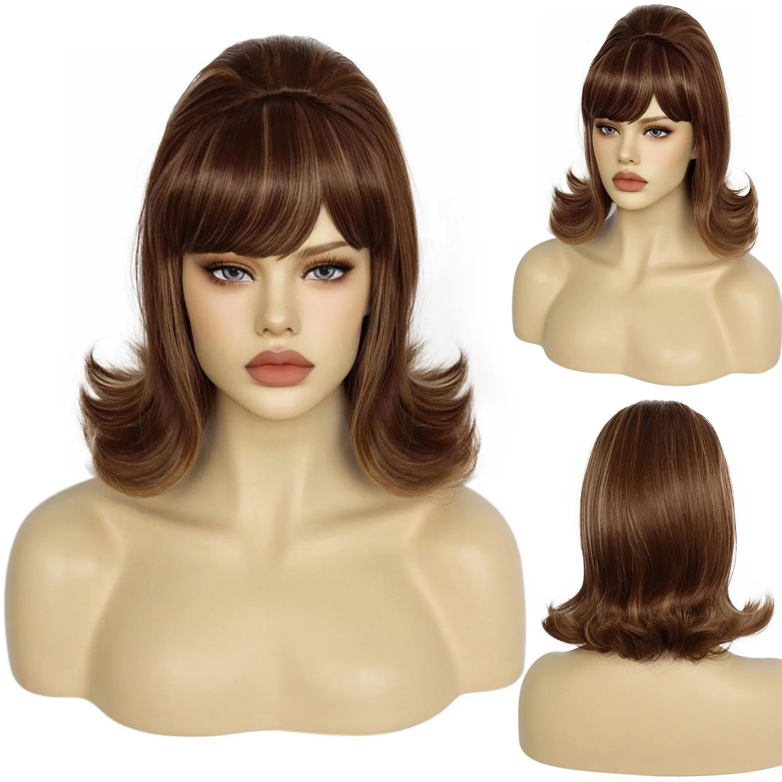 Synthetic 60s 70s Short 12inch Highlight Brown Retro Beehive Flip Bouffant Women's Synthetic Cosplay Wig for Halloween Christmas