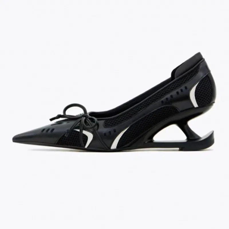 

Сетчатые туфли-лодочки с узлом-бабочкой, необычный стиль, туфли Мэри Джейн на каблуке, подиумная обувь без шнуровки с острым носком, пикантная женская обувь с открытой пяткой, новинка 2023 г.