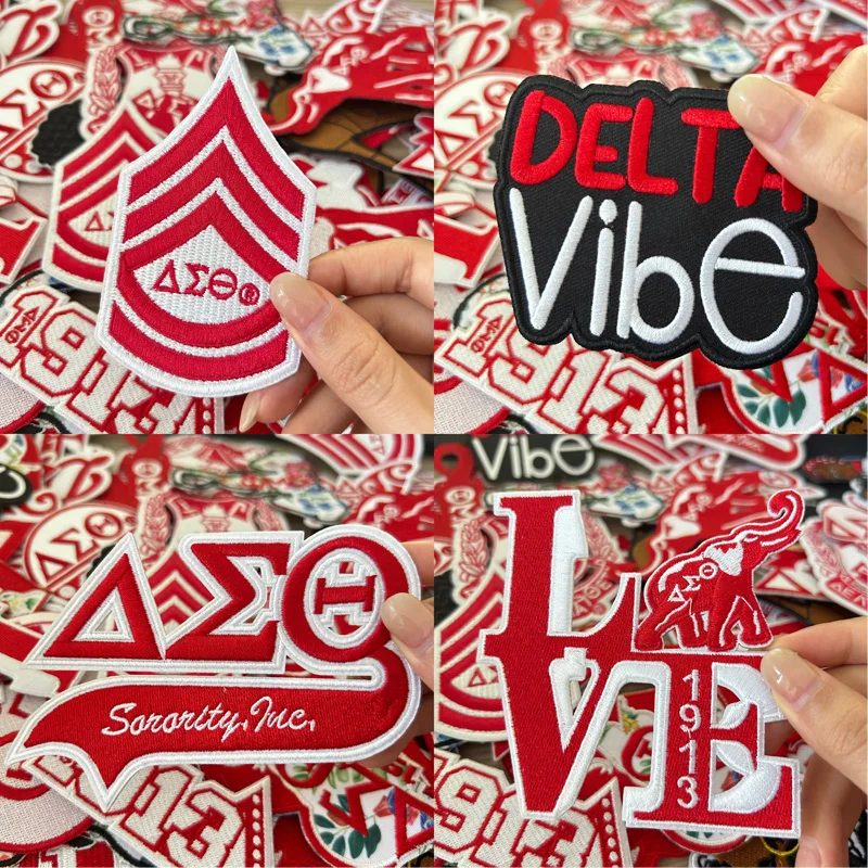 Wholesale Embroidery Custom Delta Patches Iron On Greek Letter Delta Sigma Theta Sorority Triangle Patch For Badge Clothing