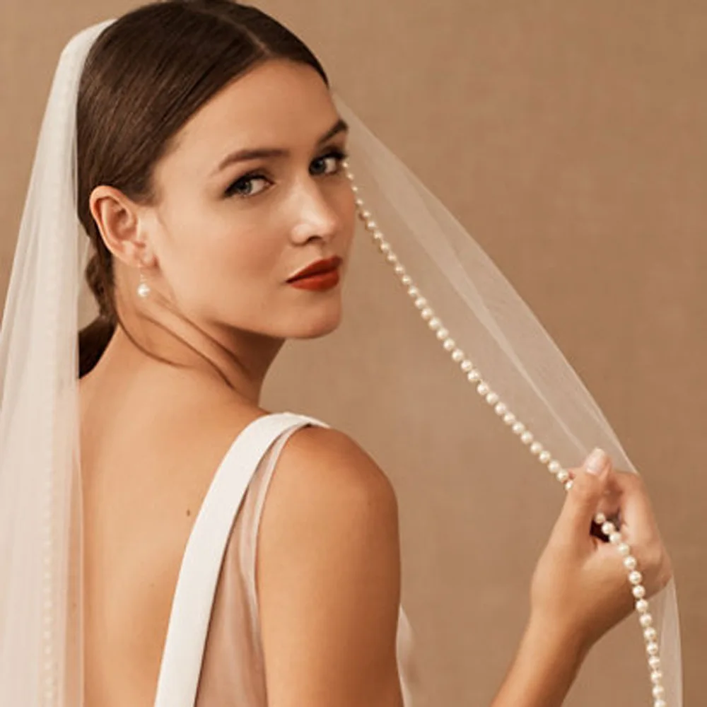 Uma camada véu de casamento pérolas borda para vestidos de noiva acessórios de noiva feminino casamento novas noiva tule