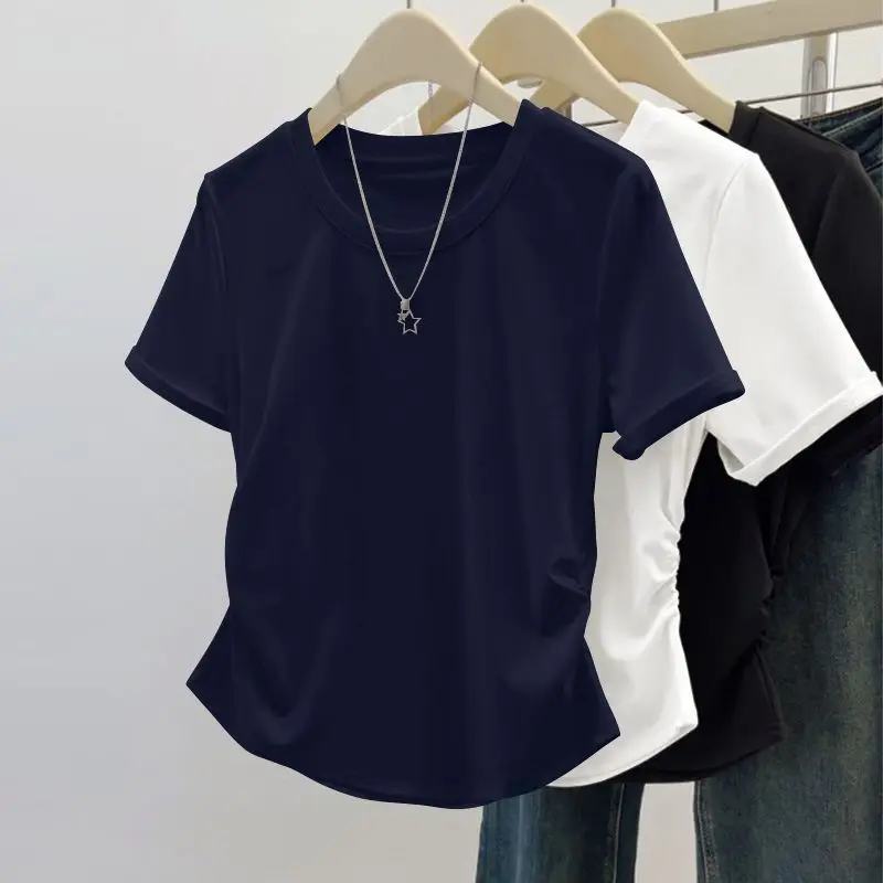 Summer Design Sense Slim Fit Women's  Pleated Waist Cinching Top Trendy and Versatile Slimming Solid Color Short Sleeved T-shirt