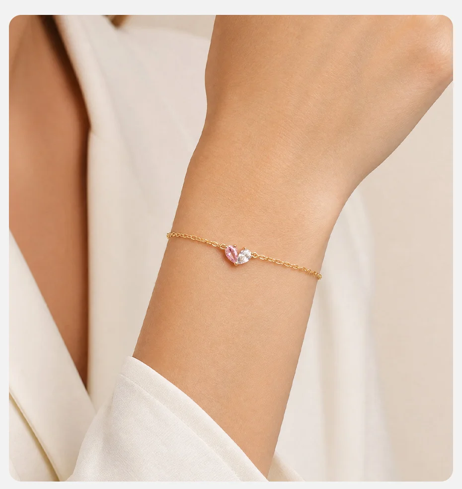 Vnox Luxus-Armband mit Herz-Anhänger, rosa, klar, AAA-Zirkonia, für Damen, vergoldet, süß, romantisch, Valentinstag, Hochzeit, Schmuck, Geschenke – Detail 2