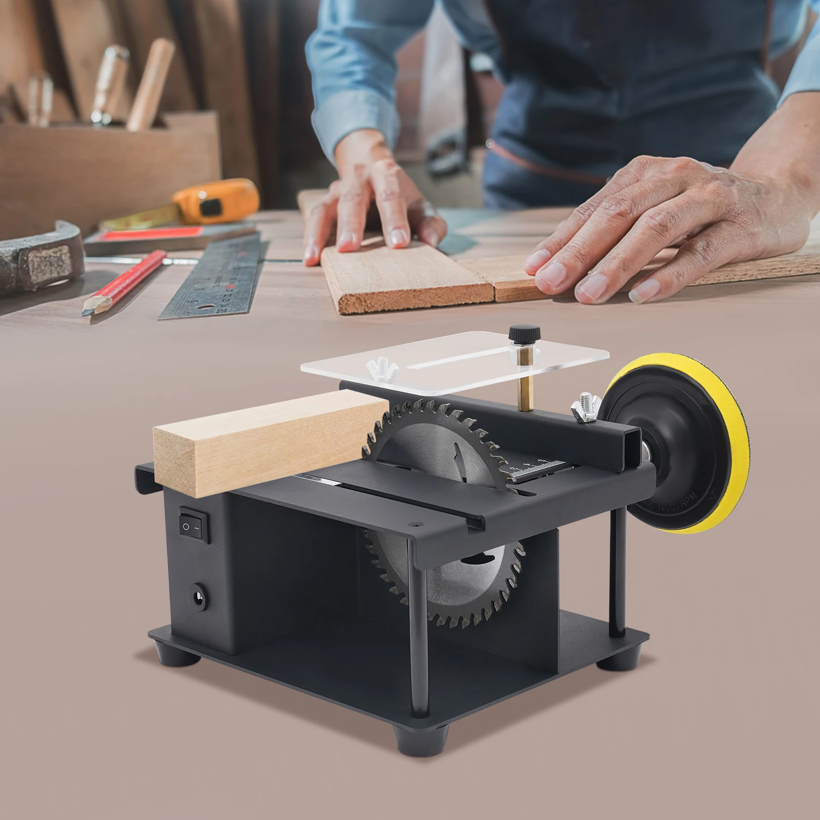 

Mini Table Saw, Table Saw Cutting Tool Machine with 200W Motor 10000 RPM, 0-90° Angle Cutting & Polishing for Wood, Wide Voltage