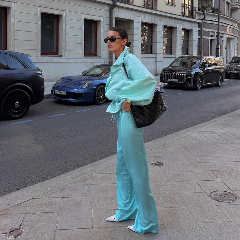 Übergroße, taillenbetonte, glänzende Oberflächenmäntel für Damen, Street-Style, Stehkragen, Laternenärmel, einfarbige, lockere Jacken, schicke Oberbekleidung – Detail 16