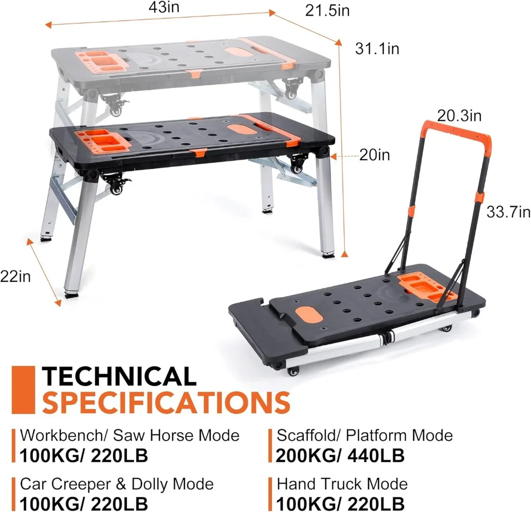 Multifungsi, bangku kerja portabel dengan 7 mode sebagai bangku kerja, Sawhorse, perancah, truk tangan dan lainnya dengan 4 roda