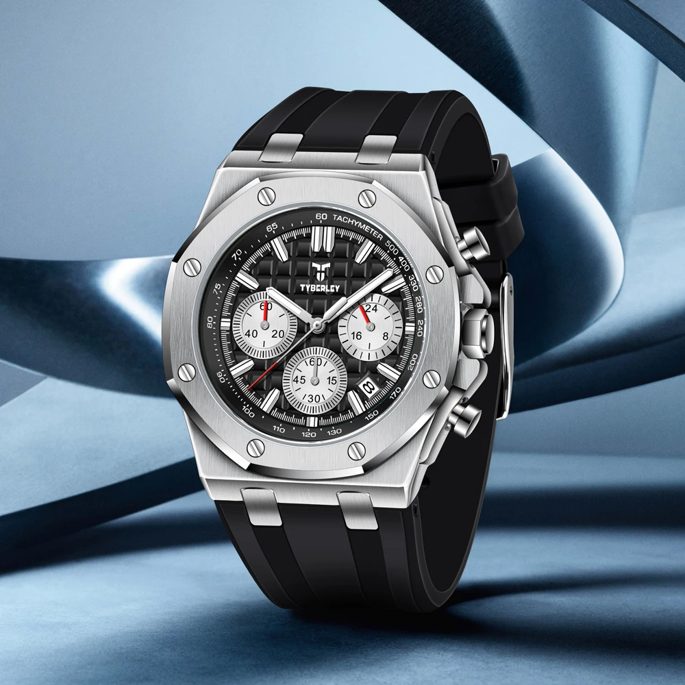 2026 New TYBERLEY Luxury Men's Quartz Watch Sports Chronograph Luminous Waterproof Fashion Watch Men Silicone Grid Literal +BOX