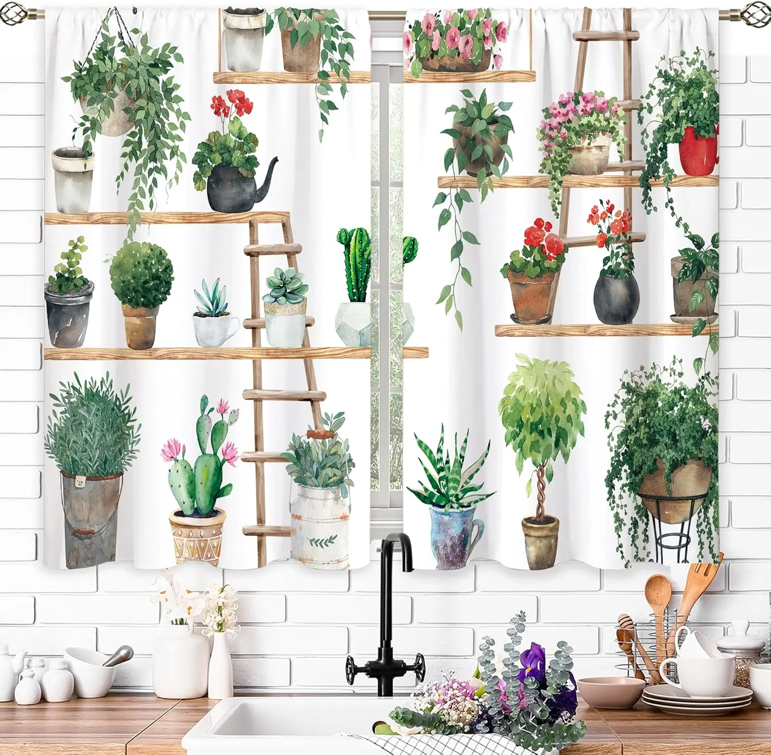 Boho Plant Floral Kitchen Curtains,Flower Plant Small Window Treatment,Green Leaf Cafe Short Window Curtains for Bathroom Dining